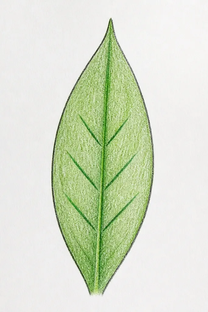 A tulip leaf in green pencil and black outline: center vein is clear, and three short side vein strokes appear on each side, angled outward like a fan.