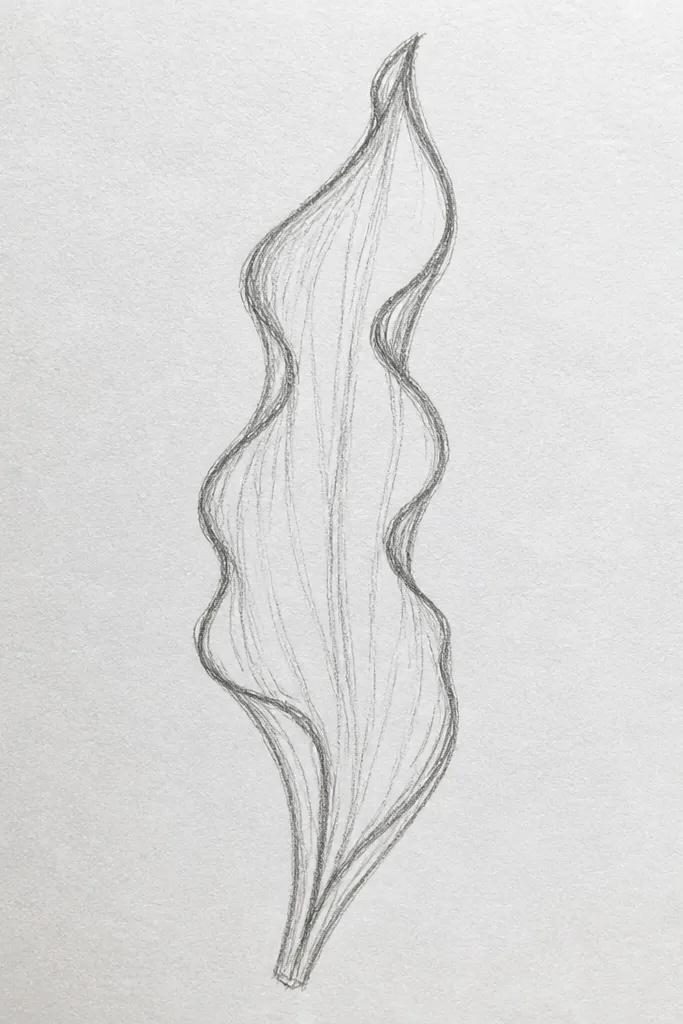 A pair of tulip leaves with a wavy outer edge: the center vein is smooth, while the leaf perimeter undulates like a curtain hem.