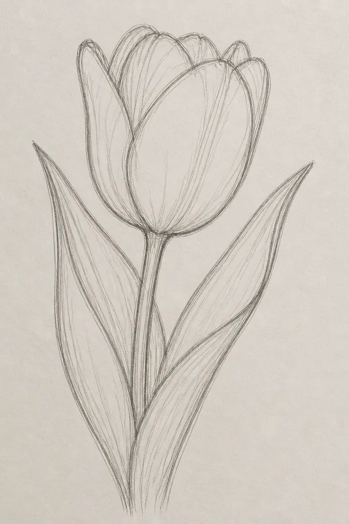 Two tulip leaves layered: the back leaf is lighter and partially hidden, the front leaf overlaps it, and both share a center vein line style.