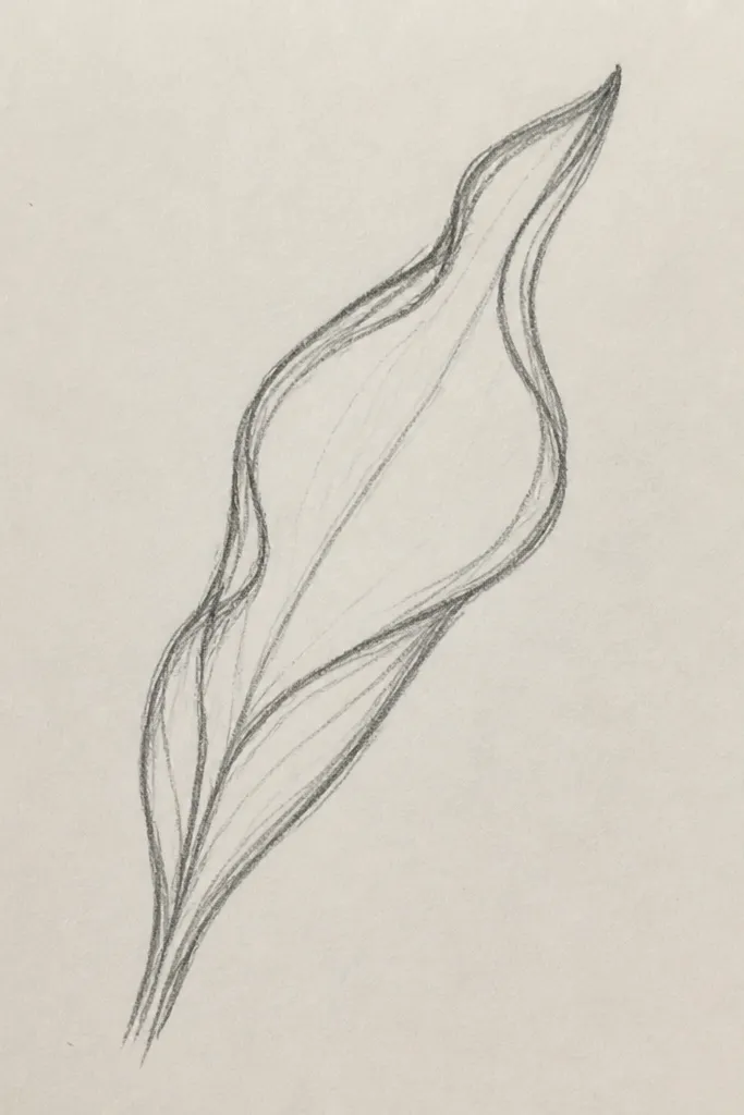 A tulip leaf drawn diagonally like a ribbon: tapered ends, a center vein that follows a slight curve, and side veins that angle with the diagonal flow.