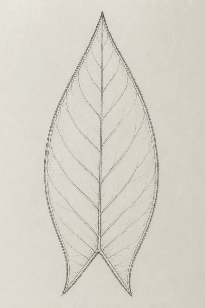 A tulip leaf with a fishtail-like split at the very tip: center vein runs to the split, and side veins stop just before the split.