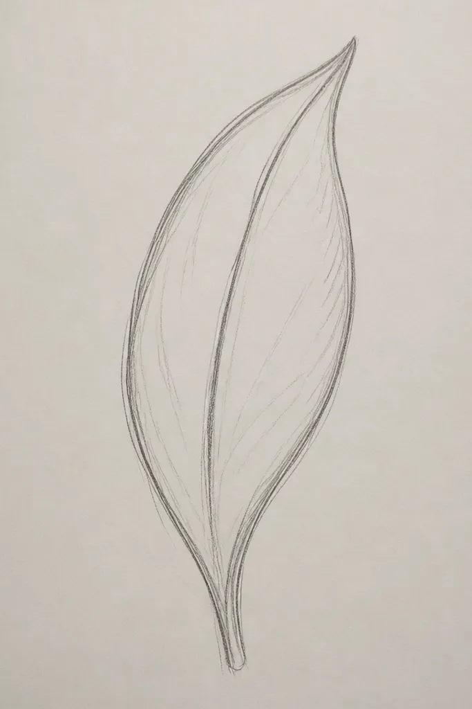 A single tulip leaf where the center vein is darker and there's a second thin lighter vein line close to one side, creating a highlight effect.