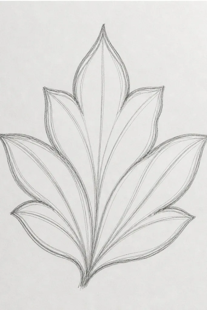 Two tulip leaves arranged like a fan at a wreath corner: both share a center vein, the edges curve outward, and the tips point toward the corner.