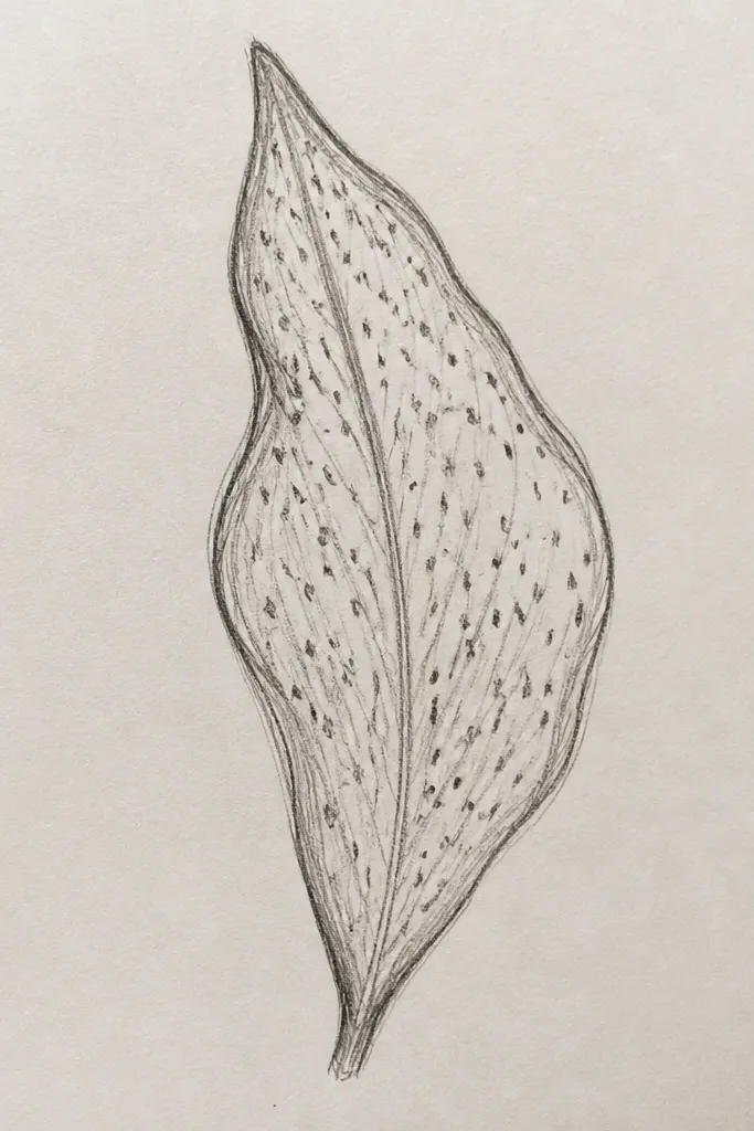 A tulip leaf with a center vein and side veins made from tiny dot clusters, plus a few scattered ink speckles along one edge.
