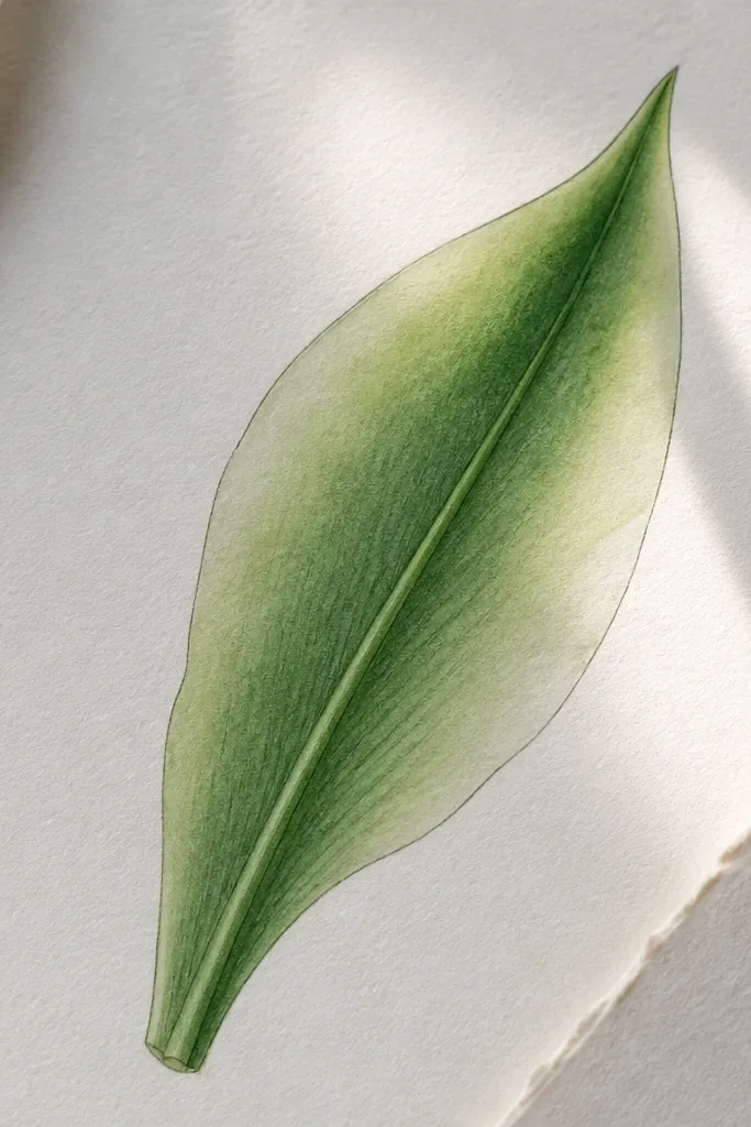 A tulip leaf drawn with pencil outline, then colored: the center vein stays darker and the edges have a watercolor bleed gradient from deep green to pale green.
