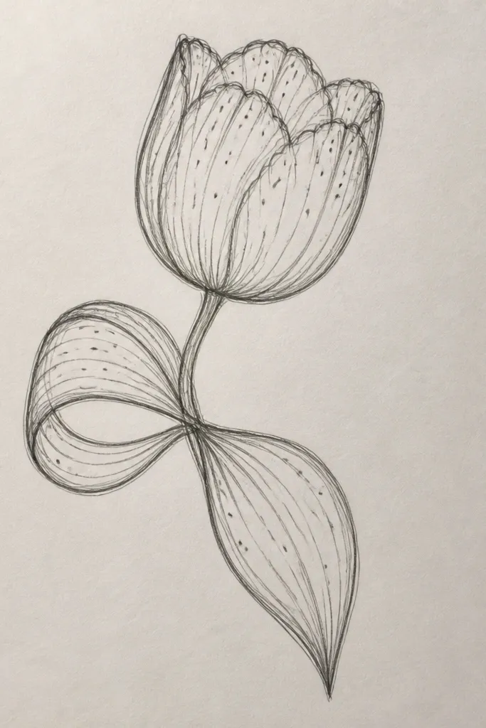 A curled tulip leaf shaped like a loop that wraps near a ribbon bow: center vein runs through the curve, and side veins follow the curve.