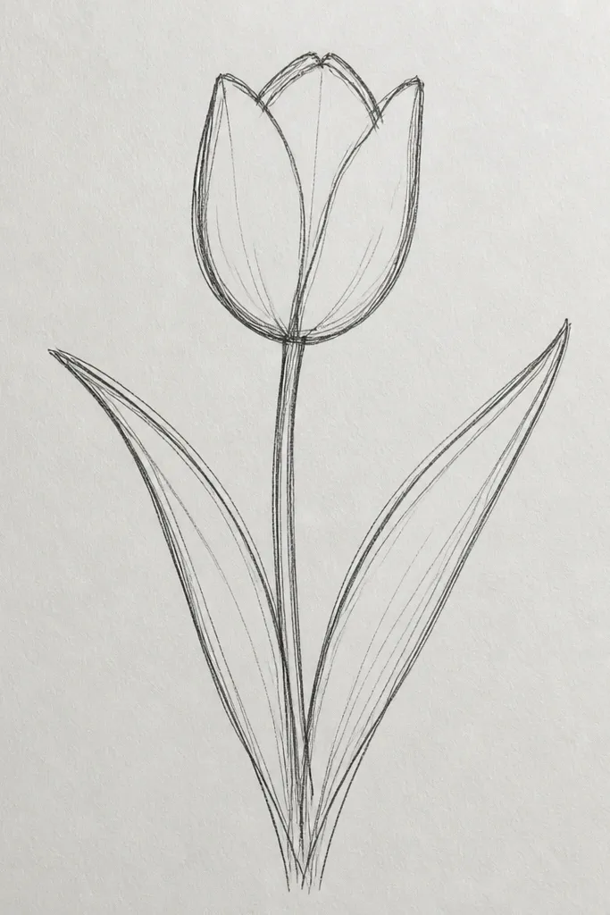 A single tulip leaf base splits into two leaves: one leaf leans up-left, the other leans down-right, both with center veins and a few side veins.