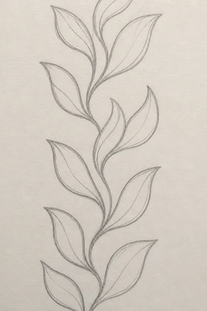 A horizontal strip border filled with repeated tulip leaves: each leaf is tapered, angled alternately up and down, with center veins and short side ribs.