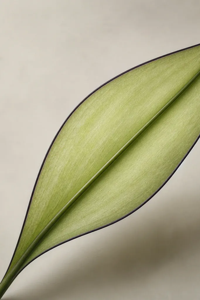 A tulip leaf with a bold dark outline and a light green wash inside, plus a darker center vein line that looks slightly raised.