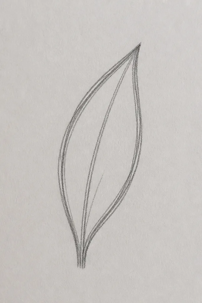 Several tiny tulip leaves used like accents around a main bloom: each leaf is small, tapered, and has a single center vein with one short side stroke.
