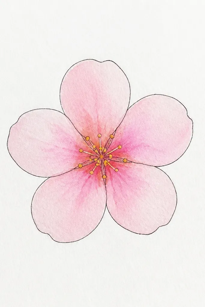 A single cherry blossom centered on white paper. The flower has five rounded petals drawn as loop shapes, each outlined lightly in pencil and then inked. The center shows tiny dots and a small curved stamen line in warm yellow. The petals are washed in pale pink with slightly darker pink near the base.