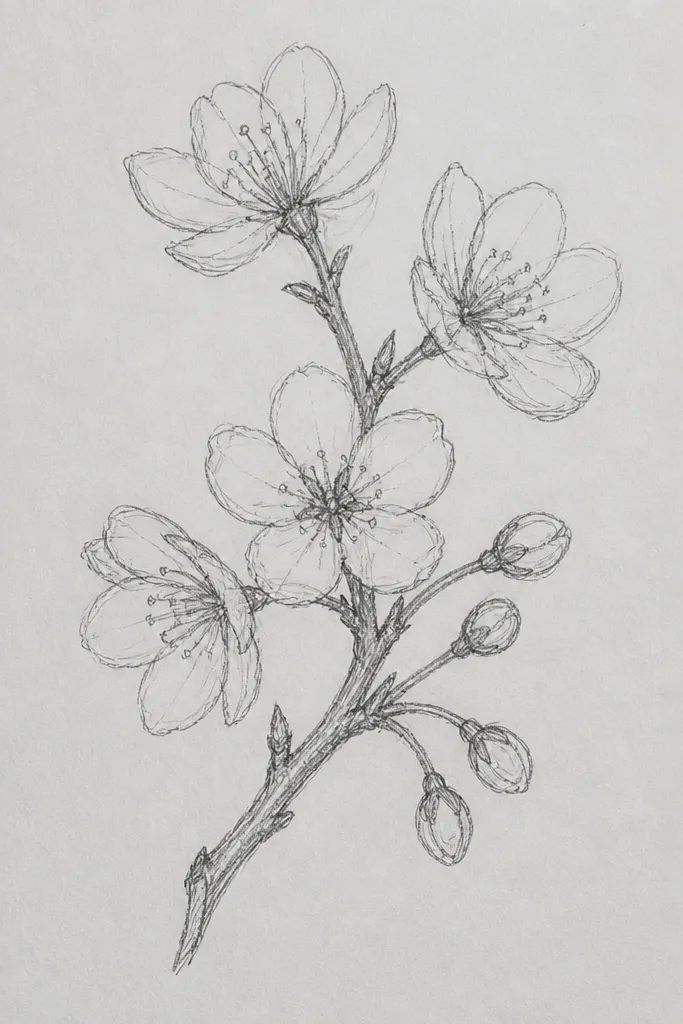A diagonal branch running from lower left to upper right. Small cherry blossoms cluster along the branch, each flower drawn with simple five-petal shapes. The branch has a few thicker knots and thin offshoot twigs. Petals are pale pink with faint darker edges, and there are tiny fallen petals as light smudges around the branch.