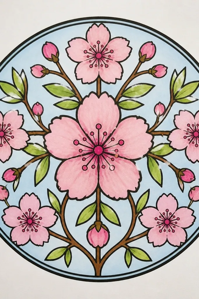 A round tile design with a thick outer ring and a series of evenly spaced cherry blossom clusters around the circumference. Each blossom has five petals in light pink, with tiny yellow centers. Thin leaf shapes fill the gaps between flowers, and the center has a small circular bloom.
