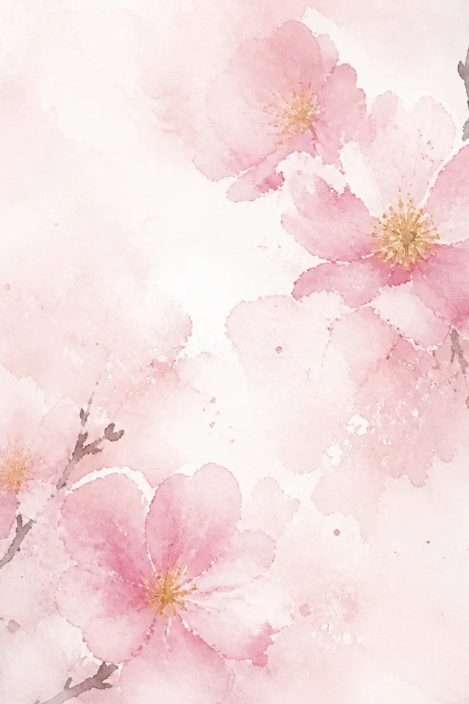 A wash background in very pale pink with a few blossoms emerging like soft clouds. Petals fade at the edges, and tiny speckled dots appear where salt was sprinkled. The center stamen is a small yellow cluster, and a few branch twigs are visible in light gray.
