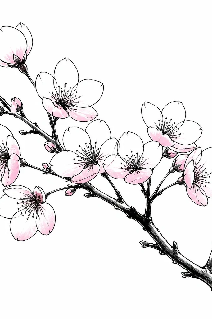Black ink cherry blossoms with crisp outlines. Petals are mostly uncolored except for a soft pink wash at the lower edges of each petal. The branch is drawn with confident ink lines, and the background is plain white.
