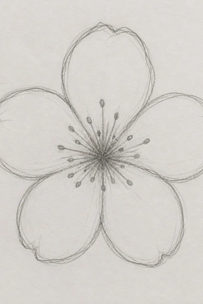 A pencil drawing of a cherry blossom with no color. The petals are shaded with gentle graphite gradients, darker near the base. The center has a soft stippled texture and a few darker lines for stamens. Background is clean with faint eraser highlights.