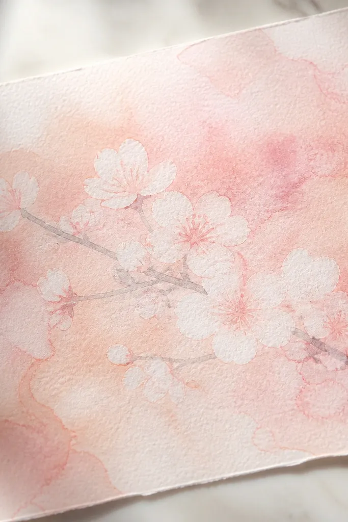 A watercolor paper sheet with pale pink and peach watercolor washes. Behind the blossoms, the background shows a marbled texture. The cherry blossom petals are lighter because white crayon was used first, creating a resist effect. The branch is a faint gray line.