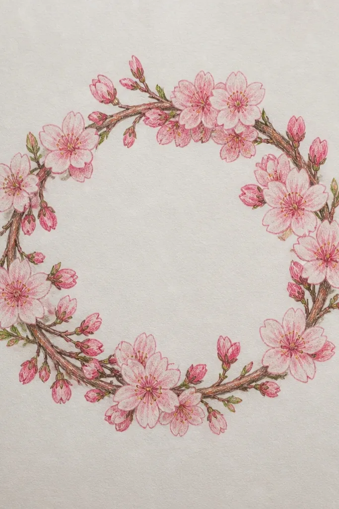 A simple wreath-like crown outline drawn around a circle head shape. Cherry blossoms are drawn as small five-petal flowers with tiny yellow centers. Leaves are drawn as teardrops, and some petals are floating outside the crown in light pink.