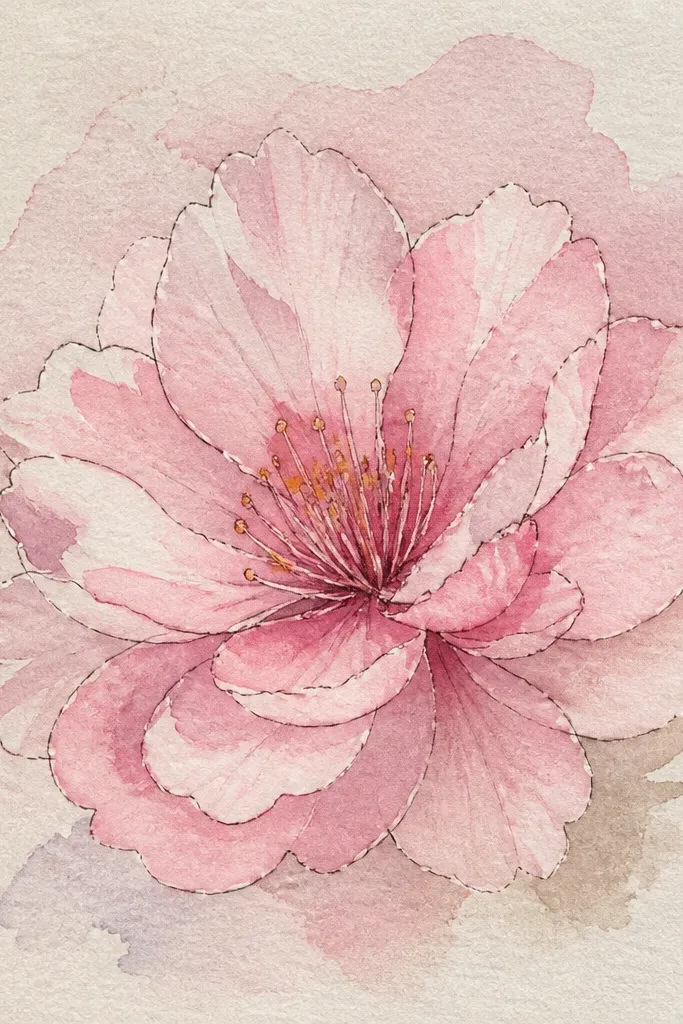 A close-up cherry blossom where petals overlap like shingles. Some petals are partially hidden behind others. The front petals are pale pink, the hidden petals are slightly darker, and the center has a cluster of tiny yellow dots.