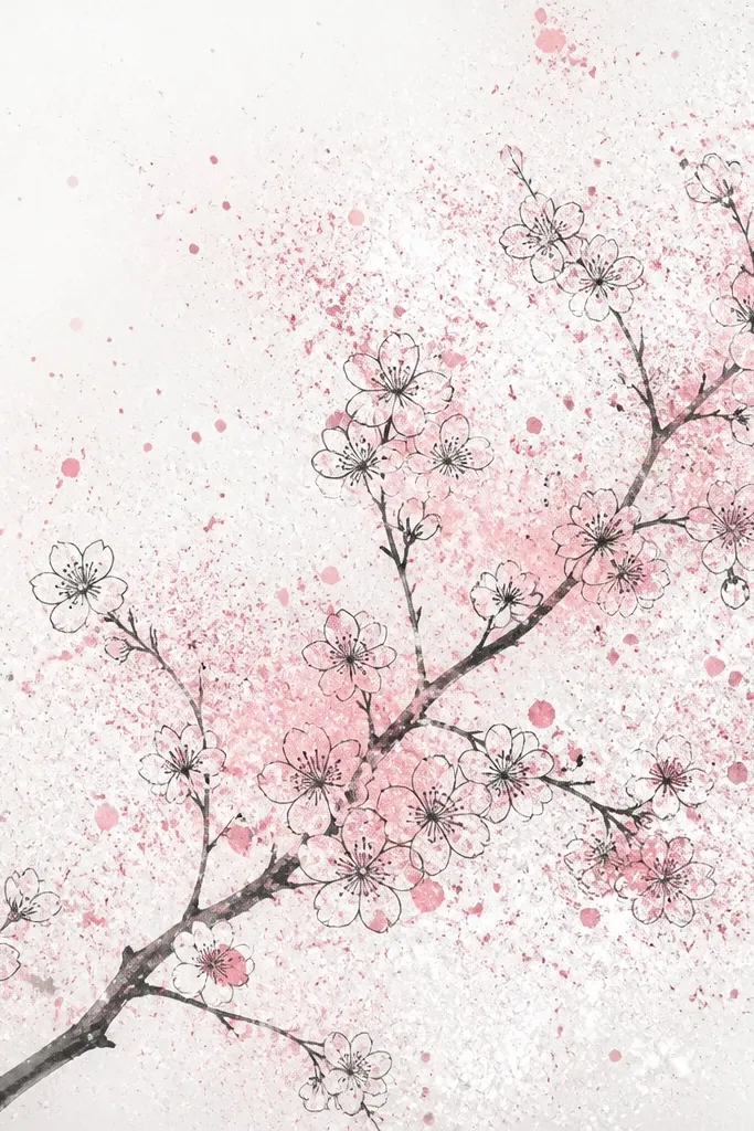 A branch silhouette in light ink with blossoms drawn as small outlines. Around the blossoms, there are pink and white spatter dots like a spray paint effect. The background is mostly white with clustered speckles.