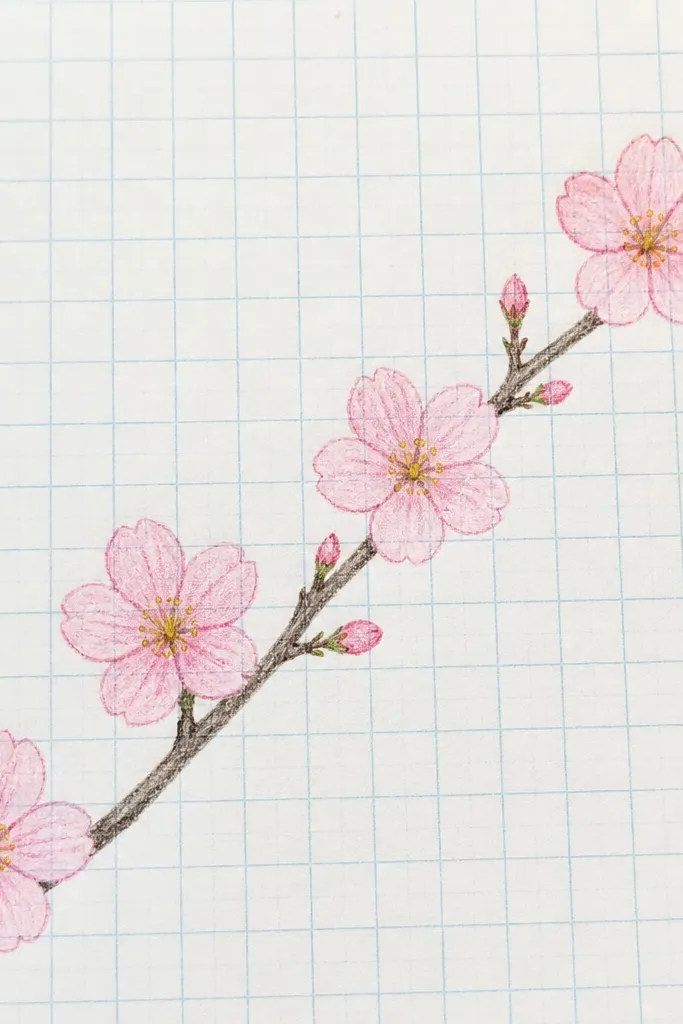 A sketch on light blue grid paper. A branch runs diagonally across the grid. Blossoms are placed at consistent intervals, with each flower fitting into about 2x2 grid squares. Petals are shaded in light pink pencil and the center is yellow with small dots.