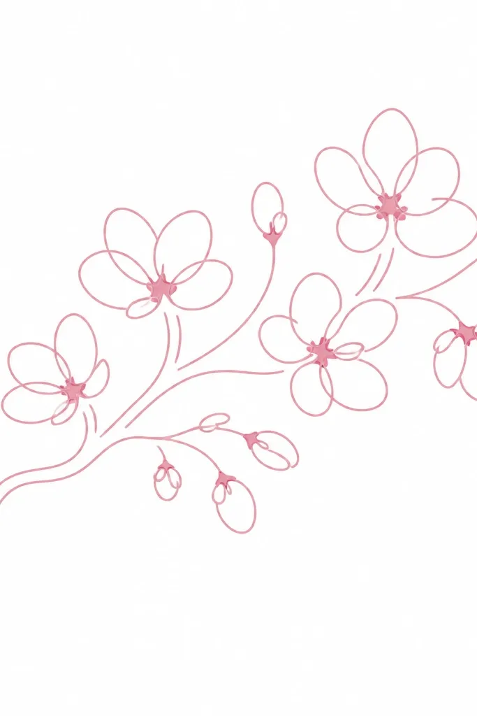 A single-line silhouette drawing of a cherry blossom branch. The flowers are formed by looping continuous curves that create petal shapes without lifting the pen. The background is white, and the branch is colored in pale pink with darker pink accents at petal bases.