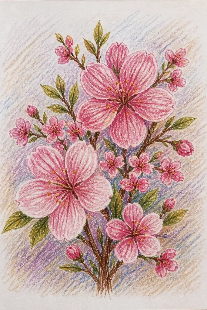 A bouquet-style arrangement with clusters of cherry blossoms in three sizes. Some flowers are small and outlined, others are medium with pale pink wash, and one larger bloom sits near the center with darker pink base shading. The background is light and clean, with a few leaf shapes in green.