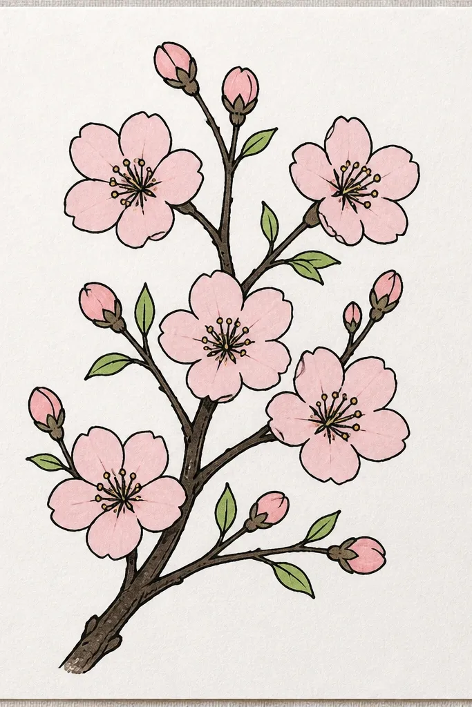A branch scene with blossoms and leaves. The background has light speckled texture like print paper. Petals are pale pink with slightly darker edges, and the branch is in warm brown. The overall look is flat-color with subtle grain.