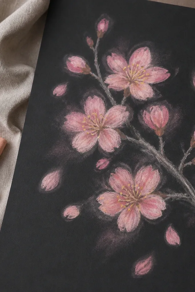 Black cardstock filled with pastel chalk cherry blossoms. Petals are drawn in soft pink and pale peach with visible chalk strokes. The centers are warm yellow chalk, and the branch is drawn in light gray chalk. Some petals are smudged lightly for a smoky effect.