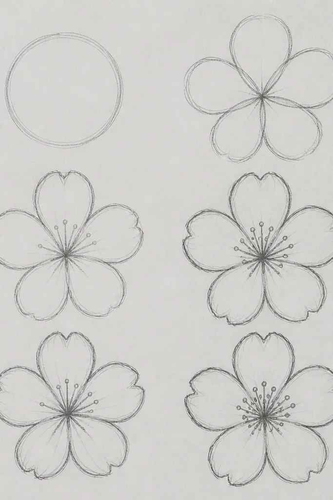A close-up of a cherry blossom with a clearly drawn stamen cluster. Five petals are outlined and lightly shaded pink. The center has a tight group of small yellow dots, and three tiny curved lines extend outward. The petals show soft shading at the base.