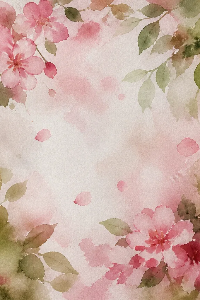 A rectangular page design framed by leafy branches along the edges. Cherry blossoms sit in the top left and bottom right corners, with a few smaller blossoms scattered near the center. The leaves are green with light pencil veins, and the branch lines are warm gray.