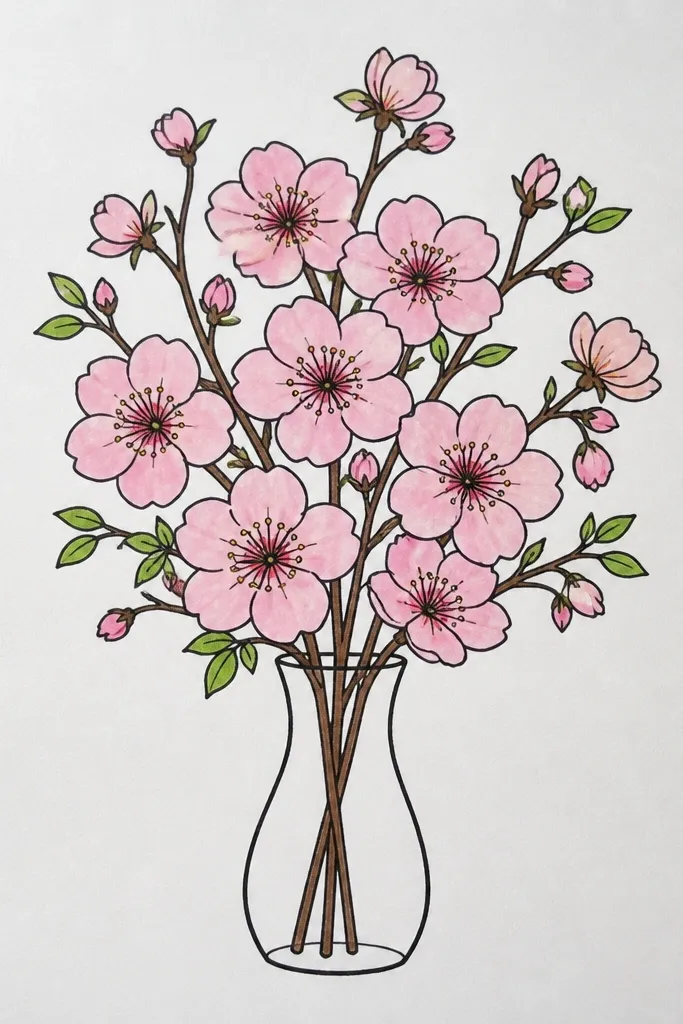 A simple line-drawn vase at the bottom center with stems rising upward. Cherry blossoms fill the top half in clusters. Petals are pale pink with darker edges, centers are yellow dots, and a few leaves are green. The background is plain white.