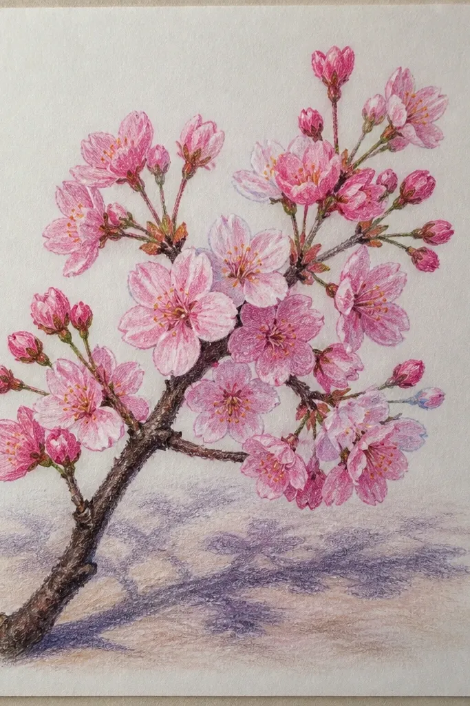 A branch with cherry blossoms in the upper half of the page. Under the branch, there is a soft pale wash like a ground shadow. Blossoms have light pink petals with darker base shading and small yellow centers. The background stays light, with gentle watercolor texture.