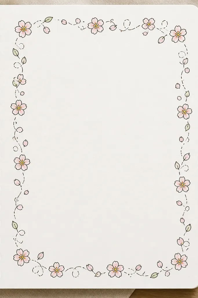 A decorative border around the edge of a notebook page. The border has repeating small cherry blossom doodles, tiny leaves, and a few petal swirls. Petals are pale pink with minimal coloring, centers are yellow dots, and outlines are in dark brown or black.