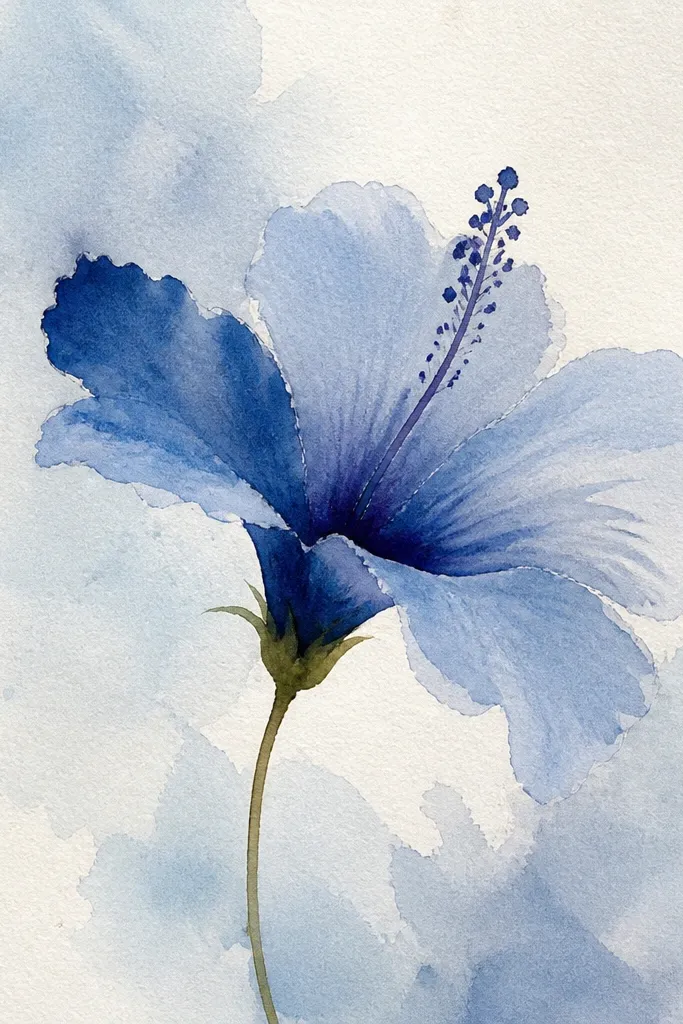 A centered blue hibiscus with five main petals, shaded graphite folds under layered light-to-deep blue pencil. Behind it is a pale watercolor sky wash in watery light blue, with no hard edges. The stamen is drawn with thin dark lines and tiny yellow dots.