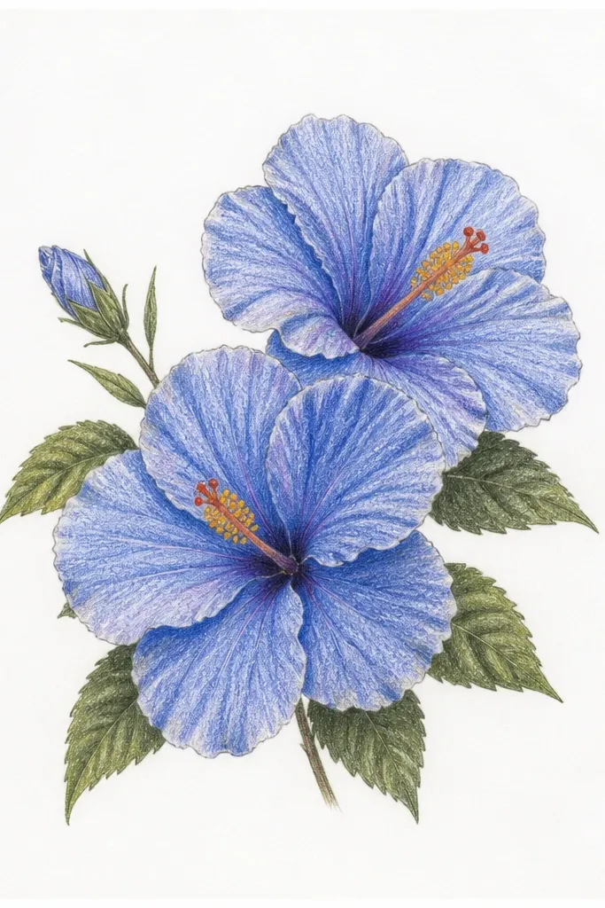 Two blue hibiscus flowers on a white page. The left bloom is slightly larger and in front, the right bloom is smaller and behind. Petal folds are rendered with graphite lines visible under colored pencil, and the stamens cross toward the center.