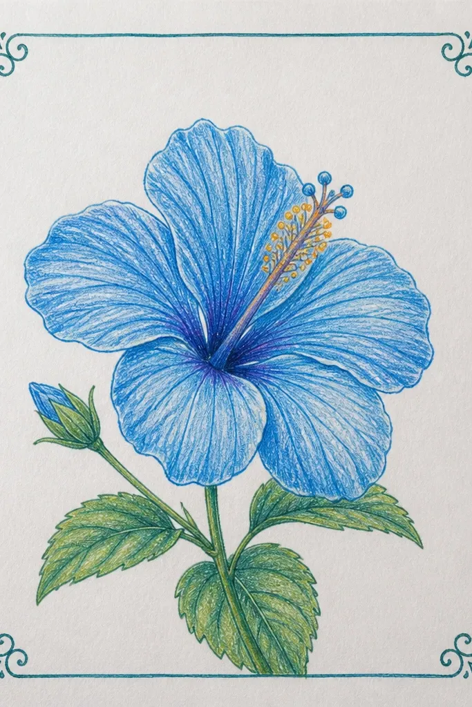 A blue hibiscus in the center with detailed petals and stamen. Around it is a teal ink rectangular frame with slightly uneven, hand-drawn edges. The background is clean white with no wash.