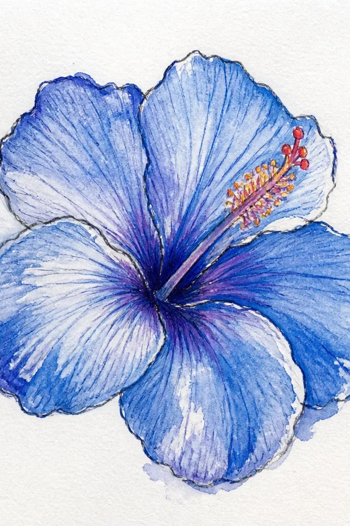 A hibiscus where petals have watercolor edges that bleed and feather, while the centers and fold shadows are sharpened with colored pencil. The stamen is crisp with fine lines and small pollen dots.