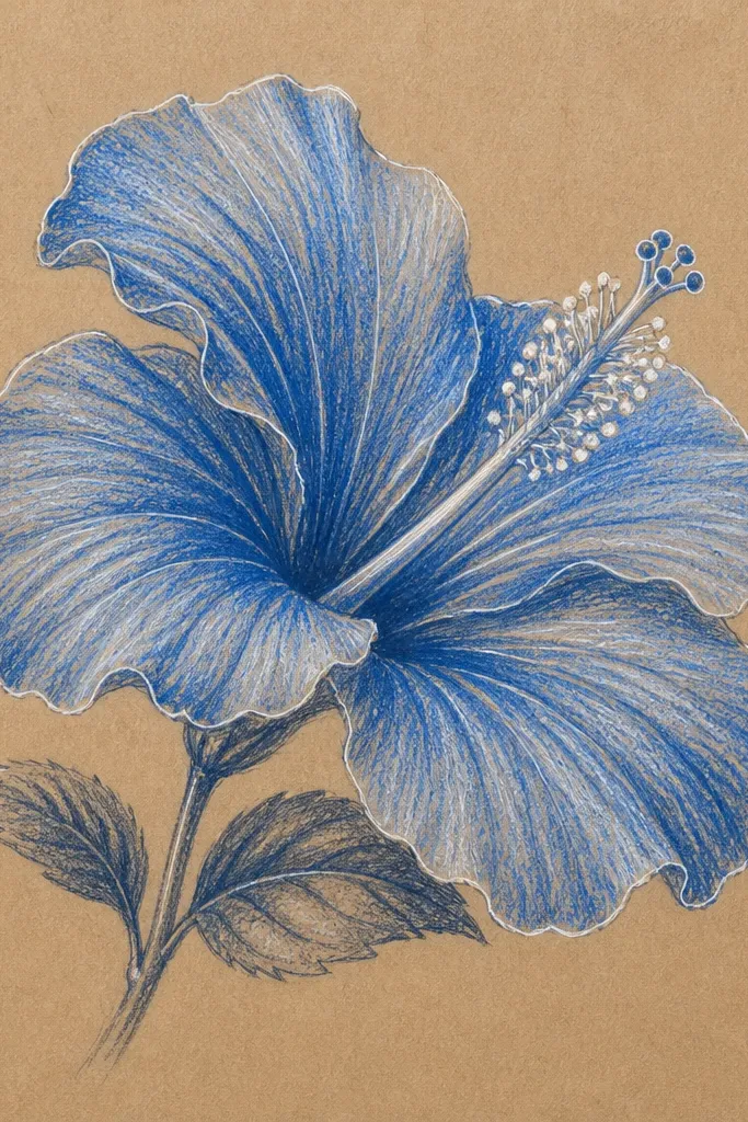 A blue hibiscus drawn on tan kraft paper. Petals are shaded with deep blue pencil and soft graphite folds, and bright white highlights are drawn with a gel pen along petal edges and the stamen. Background stays mostly tan.