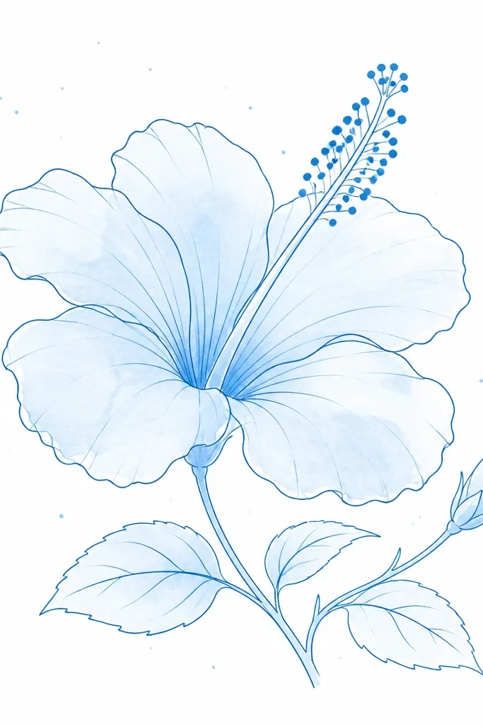 A hibiscus drawn with a single consistent thin line style. Petals have minimal shading, mostly light blue fill washes, and the stamen has blue dots for pollen. Background is white with a few tiny blue specks.