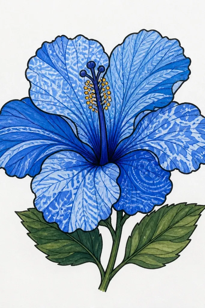 A blue hibiscus where the center petals have repeating striped and tiny dot patterns in darker blue. The outer petals are solid light blue with graphite folds. The stamen is detailed with fine lines and yellow pollen dots.