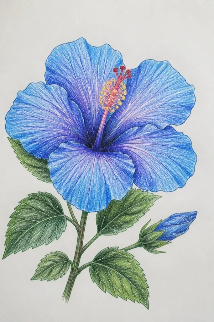 A realistic blue hibiscus with visible vein lines running from the petal base to the edges. Fold shadows are shaded with graphite and deep blue. The stamen is crisp with pollen tips.