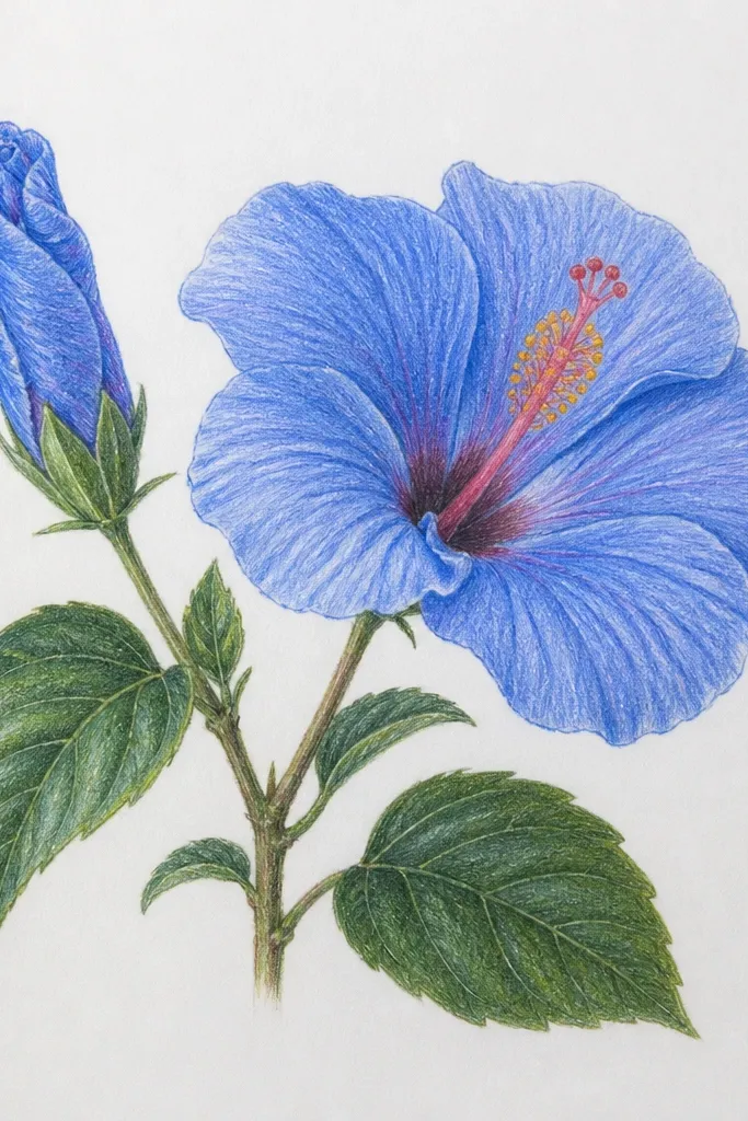 A larger blue hibiscus flower with a smaller bud beside it. The bud is tighter and darker, while the bloom is lighter with visible fold shadows. Leaves sit at the bottom edge like a bouquet.