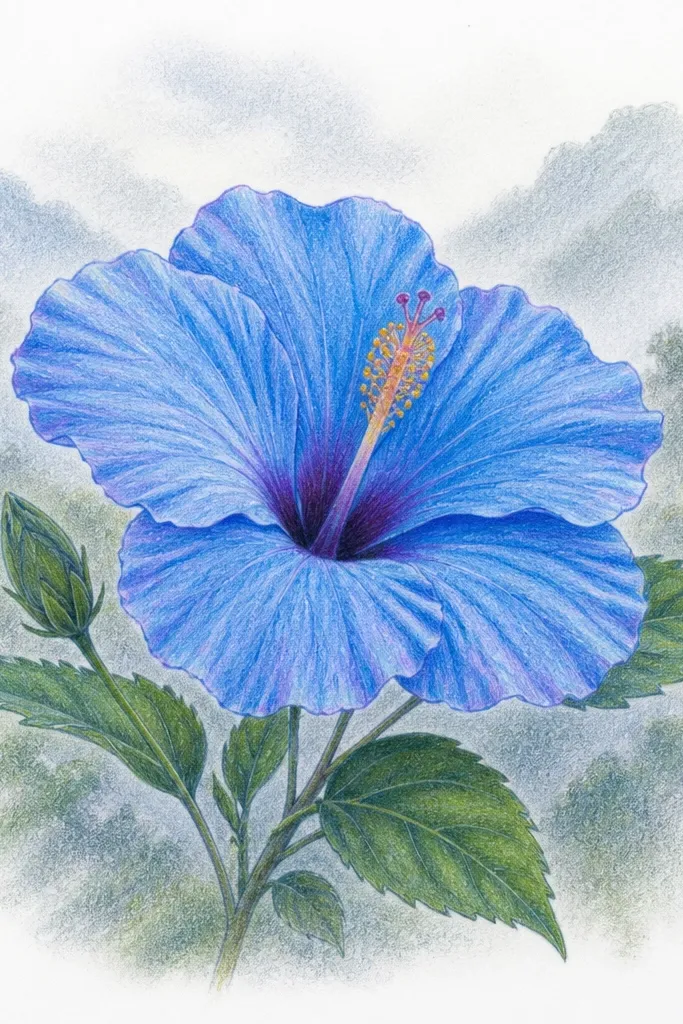 A hibiscus with blue petals and detailed stamen, surrounded by soft gray-blue mist circles. The mist fades outward and stays lighter than the petals. Background has a few darker mist rings near the flower base.