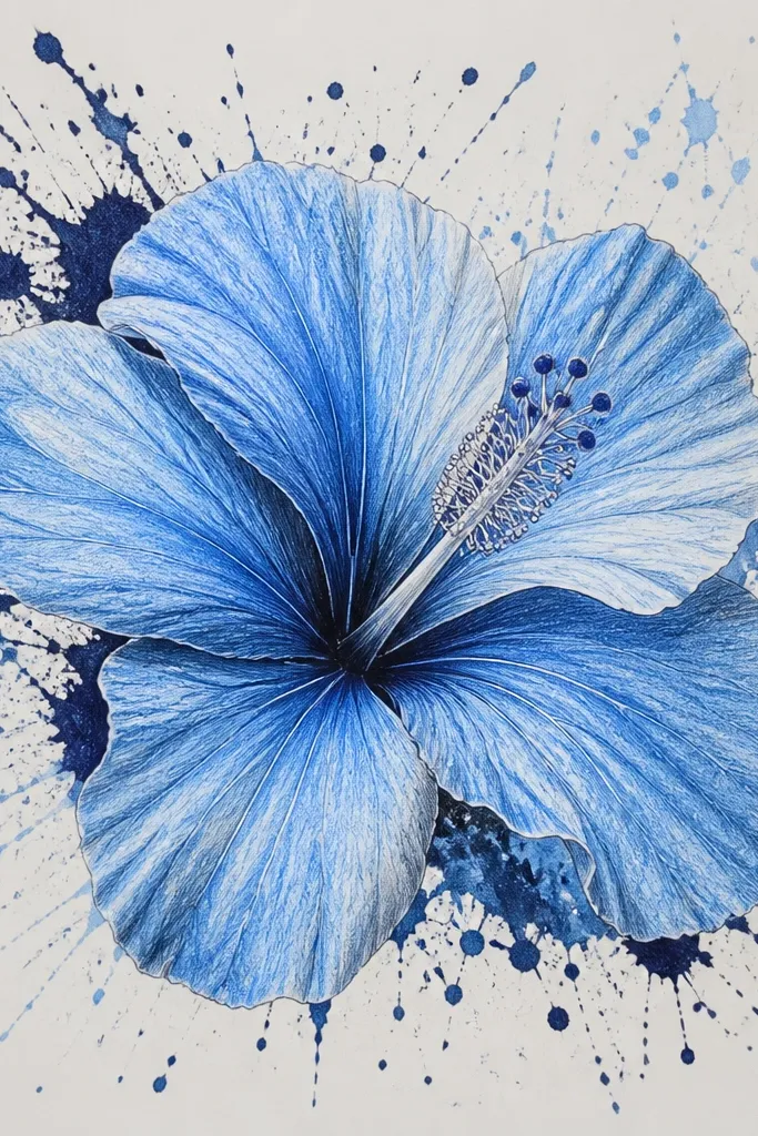 A blue hibiscus drawn with colored pencil and graphite folds in the center. Behind it, there are controlled ink splatters in navy and light blue. The petals are crisp and detailed, with stamen dots and thin filaments.