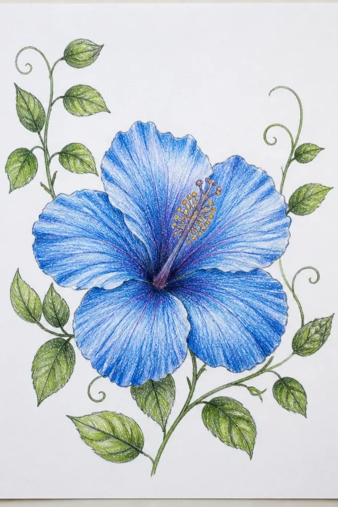 A blue hibiscus centered with two leafy vines curling from left and right edges. Petals are shaded with blues and graphite folds; leaves have visible veins and small highlights.