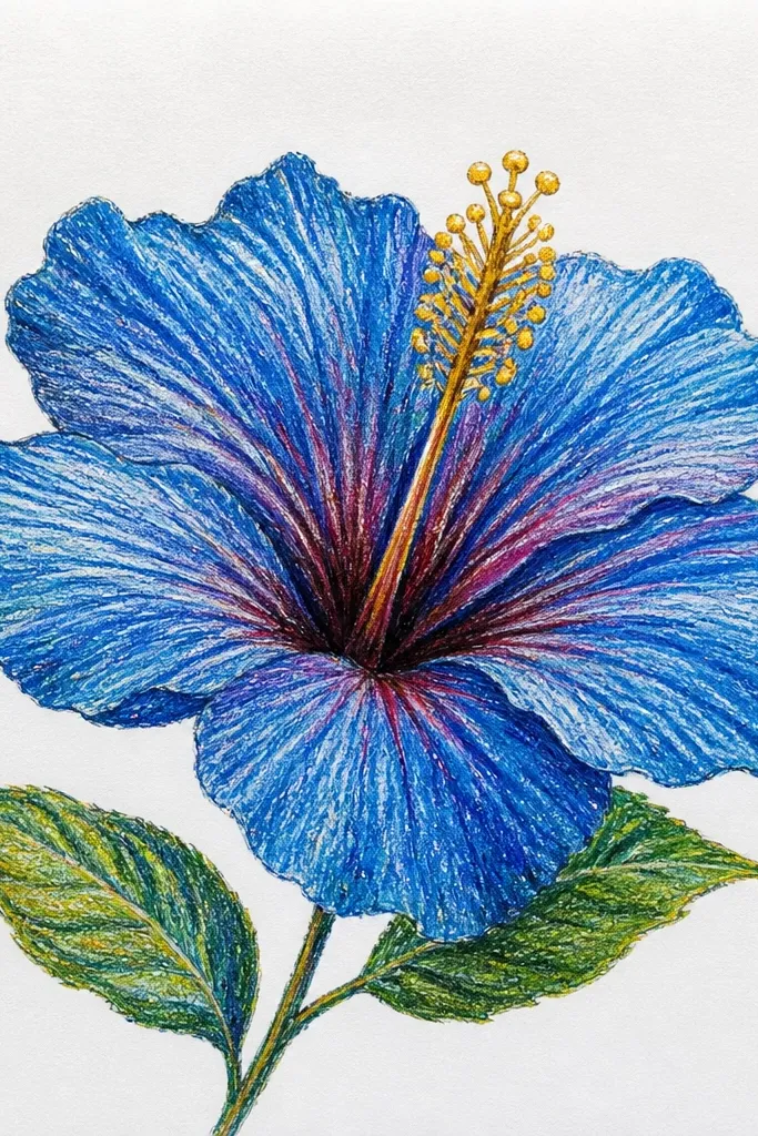 A blue hibiscus with realistic petals and fold shadows. The stamen filaments are drawn in dark pencil and the pollen dots are colored with a warm gold gel pen. A few gold flecks appear near the center.