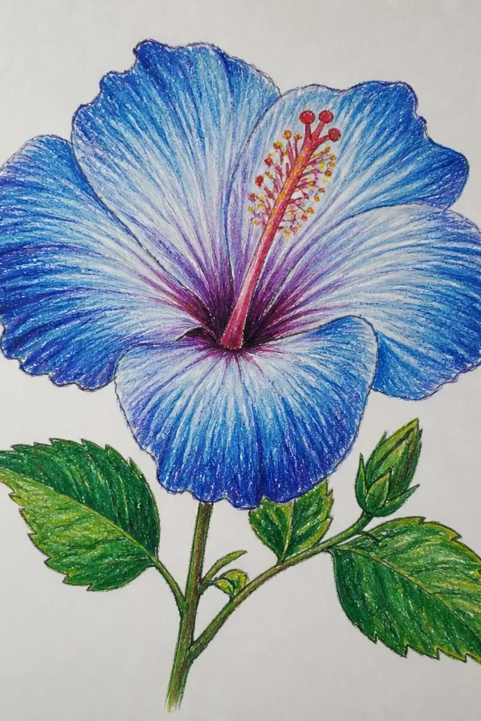 Blue hibiscus petals show a clear gradient: pale blue near the outer edges fading into deep cobalt at the fold centers. The stamen is sharply drawn with thin lines and pollen dots. Background is plain white.