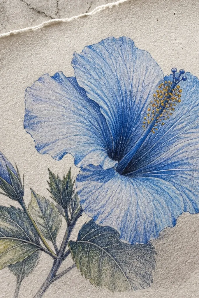 A blue hibiscus on stone-textured paper. Petals have visible speckling from the paper texture. Fold shadows are shaded with graphite and colored pencil, and the stamen has crisp dots.