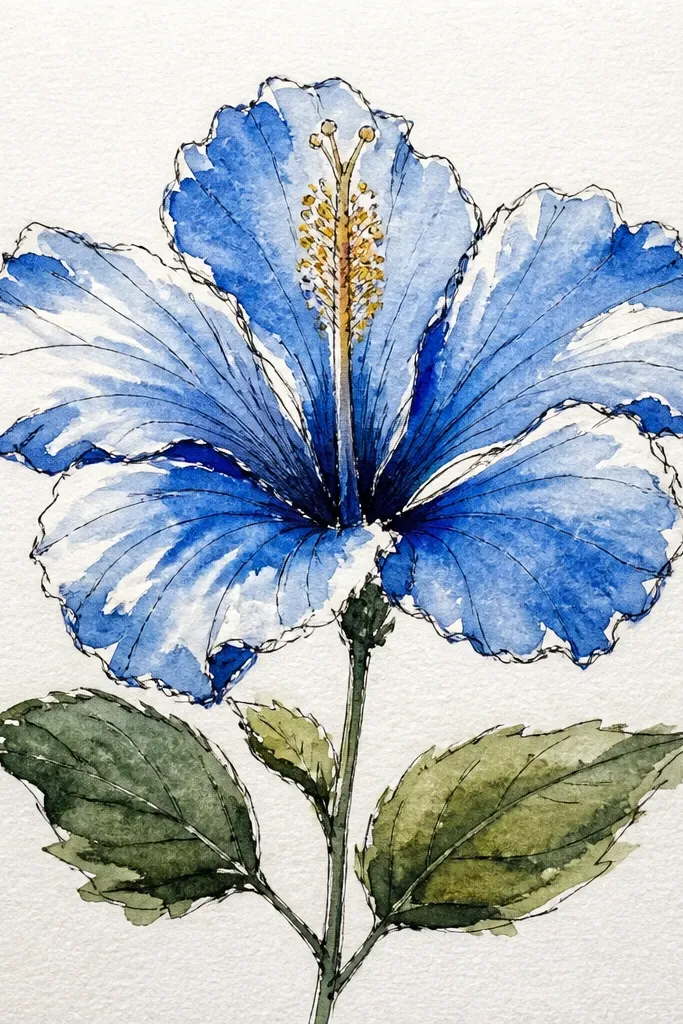 A blue hibiscus where the petal edges are left unshaded as clean white lines. The inner petals are shaded with light blue and deep cobalt fold shadows. Background is white with a few faint pencil guidelines erased out.